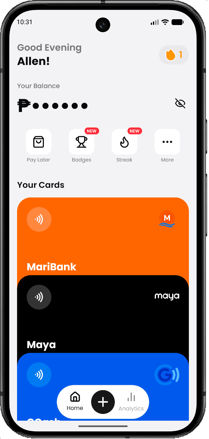 Balancee home screen with wallet cards